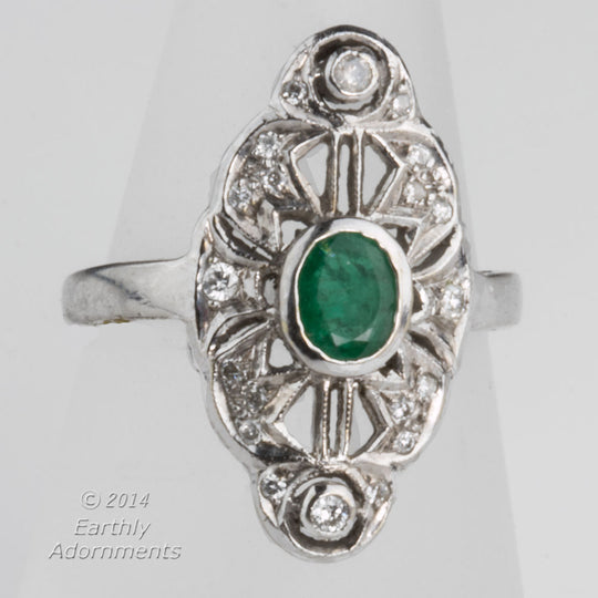 Vintage estate transitional 14k white gold filigree, emerald and diamond ring c. 1920. rgfn122