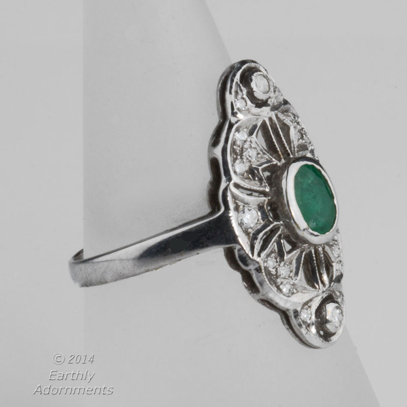 Vintage estate transitional 14k white gold filigree, emerald and diamond ring c. 1920