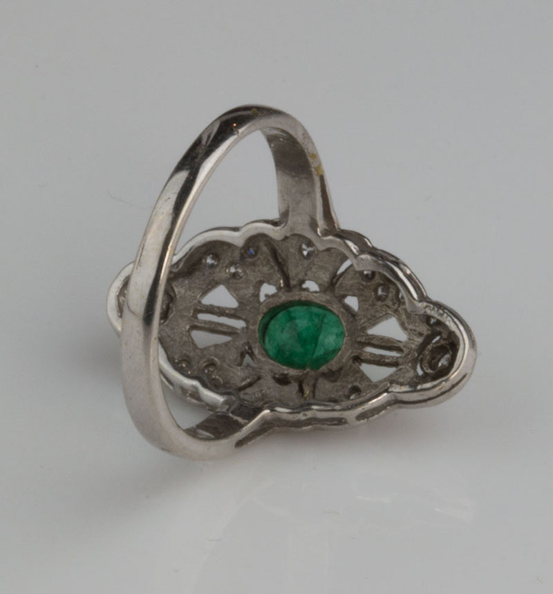 Vintage estate transitional 14k white gold filigree, emerald and diamond ring c. 1920