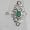 Vintage estate transitional 14k white gold filigree, emerald and diamond ring c. 1920