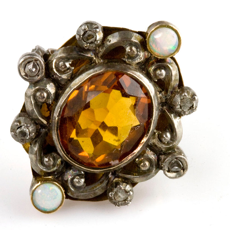 Stunning bold Victorian ring. Citrine, diamonds and white opals set in rose gold and silver. Size 5 3/4