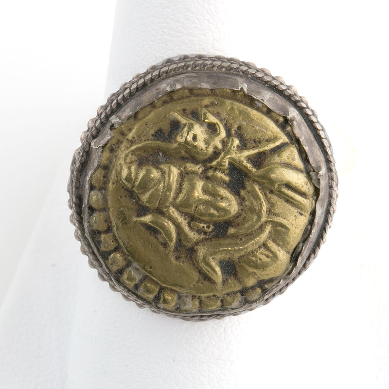 Vintage India sterling and brass coin ring size 7.5