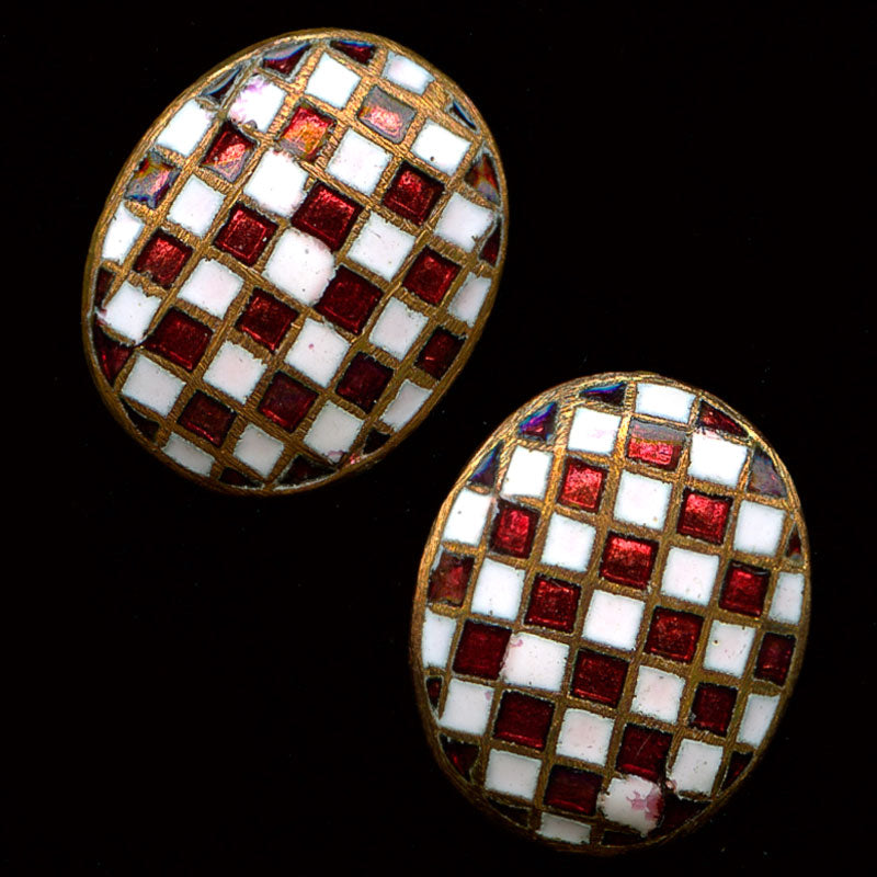 Vintage Japanese checkerboard enameled brass domed cabochons, 12x10mm Pkg of 2.
