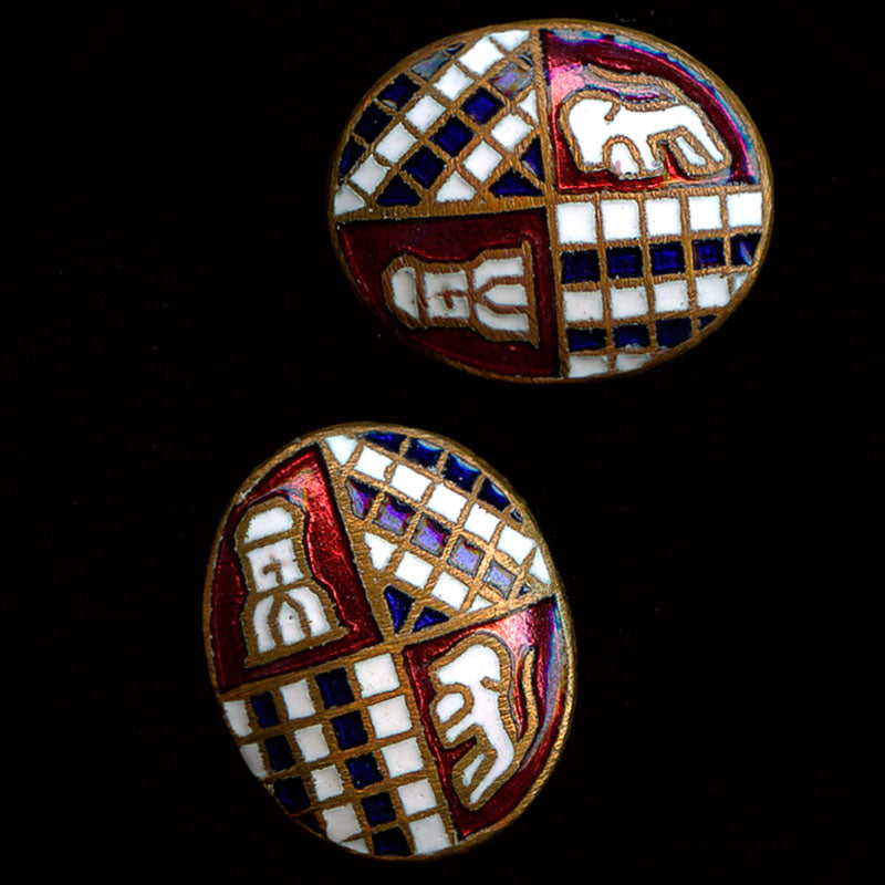Vintage Japanese checkerboard enameled brass domed cabochons, 12x10mm Pkg of 2.