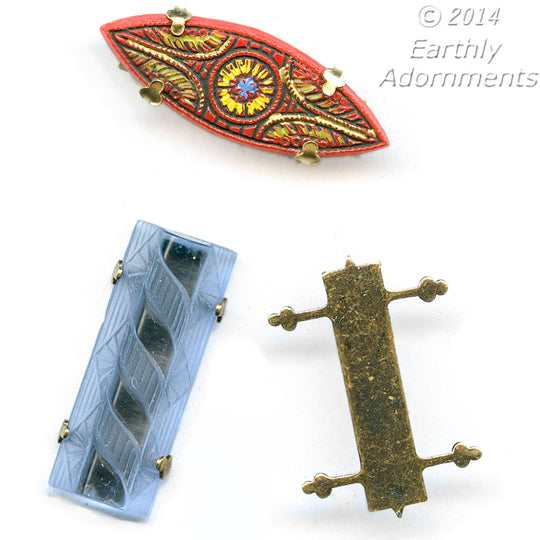 Oxidized brass flat rectangle prong setting. 20x5mm not counting prongs. 6 pcs. b9-2269(e)