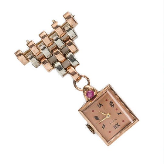 wavn104- Retro 14k white and rose gold watch pin with natural Burmese ruby marked "D-O".